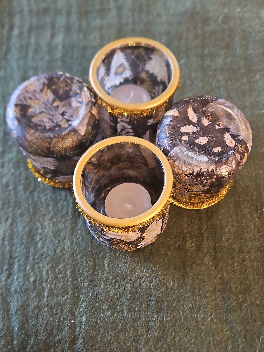Festive Black & Gold Pine Tree Decopaged Jars/Votive Holders w/Candles. Qty 4 - Picture 7 of 7